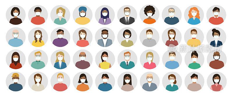 People Avatar in Medical Masks Round Icon Set - Profile Diverse Faces for Social Network - vector abstract illustration
